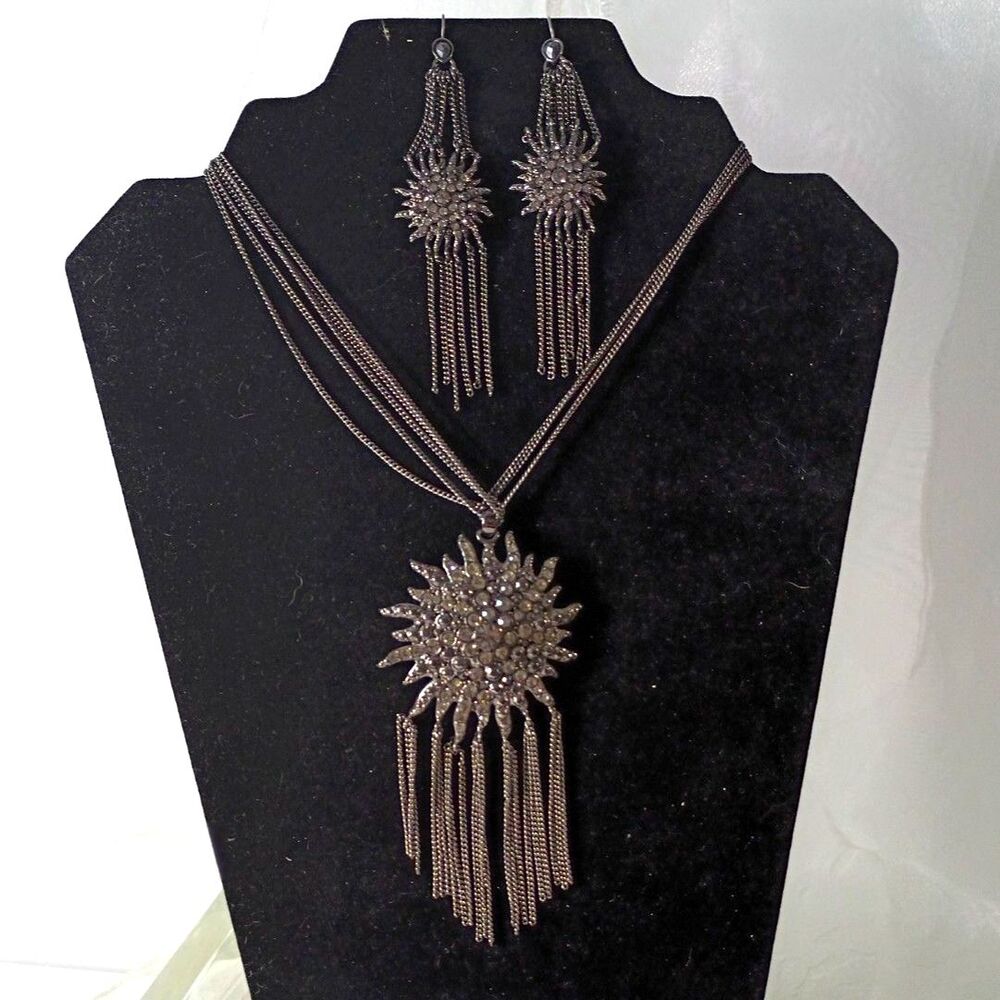 Boho Gunmetal Fringe Necklace and Dangle Drop Earrings Set